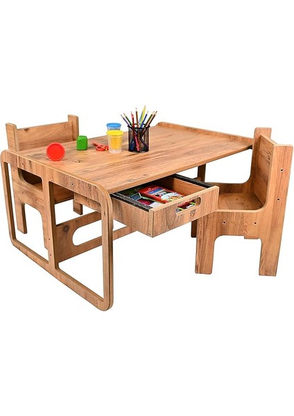 Iki Kişilik Çekmeceli Ahşap Çocuk Oyun &amp; Aktivite Masa ve Sandalye Takımı - 18MM Ceviz Renk Mdf