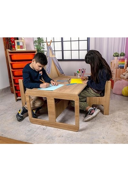 Iki Kişilik Çekmeceli Ahşap Çocuk Oyun &amp; Aktivite Masa ve Sandalye Takımı - 18MM Ceviz Renk Mdf fiyatları