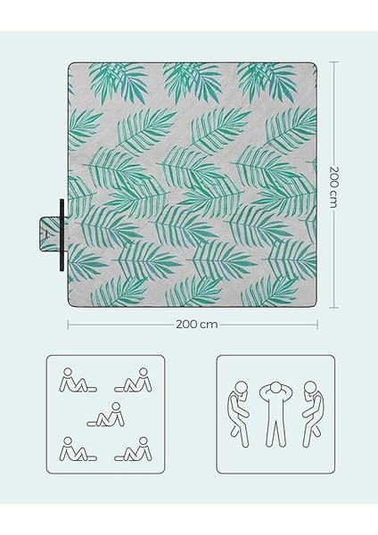 Piknik Örtüsü, 200 x 200 Cm, Büyük, Kamp Örtüsü, Park, Bahçe, Plaj Için, Su Geçirmez, Makinede Yıkanabilir, Katlanabilir, Gri Tropik Eğrelti Otlu GCM001G02 modelleri