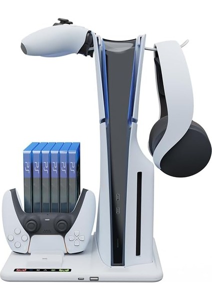 Ps5 Slim ile Uyumlu Soğutma Fanlı Dikey Stand, Playstation 5 Slim Denetleyici Şarj Yuvası, Disk Düzenleyici Kulaklık Askısı ile Ps5 Kontrolörleri Şarj Cihazı
