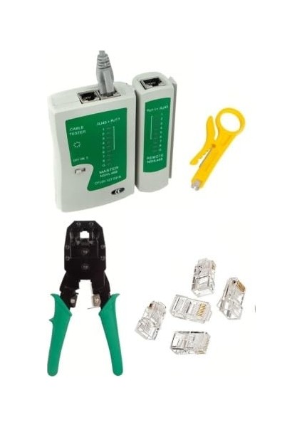 RJ11 Rj9 Jack Telefon Data Kablosu Sıkma Çakma Pensesi + Cat5 Cat6 Data Telefon Kablosu Test Cihazı +Kablo Soyucusu +100 Adet RJ45 Jack Set