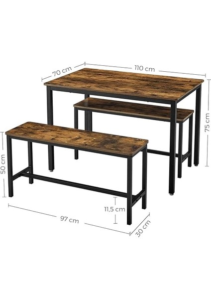 Yemek Masası, 2 Banklı, 3'lü Set, Mutfak Masası 70 x 110 x 75 Cm, Her Biri 2 Bank 30 x 97 x 50 Cm, Çelik Çerçeve, Endüstriyel Tasarım, Vintage Kahverengi-Siyah KDT070B01 modelleri