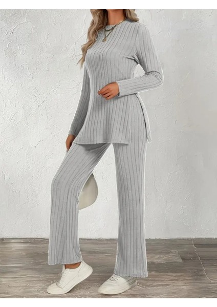 Kadın Uzun Kollu Bisiklet Yaka Yandan Yırtmaçlı Şardonlu Kaşkorse Bluz ve Pantolon Ikili Takım