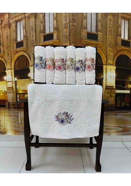 %100 Pamuklu Jakarlı 3D Nakışlı 6 Renk Çeyizlik Lüx El ve Yüz Havlusu Kutulu Set