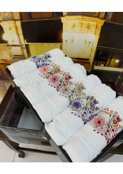 %100 Pamuklu Jakarlı 3D Nakışlı 6 Renk Çeyizlik Lüx El ve Yüz Havlusu Kutulu Set fiyatları