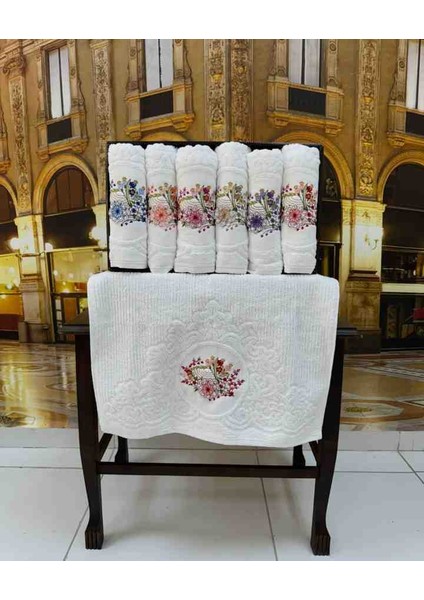 %100 Pamuklu Jakarlı 3D Nakışlı 6 Renk Çeyizlik Lüx El ve Yüz Havlusu Kutulu Set modelleri