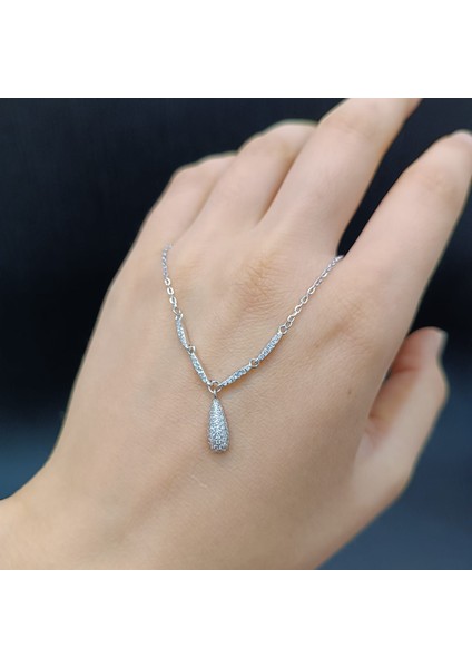 925 Ayar Gümüş Zirkon Taşlı Su Damlası Model Kadın Kolye-Şık Tasarım - 21 cm (+5cm) fiyatları