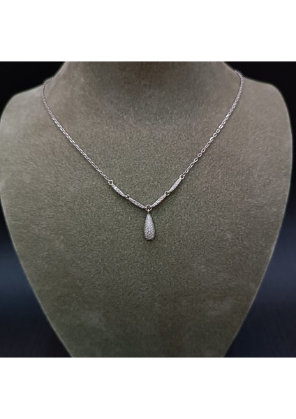 925 Ayar Gümüş Zirkon Taşlı Su Damlası Model Kadın Kolye-Şık Tasarım - 21 cm (+5cm) modelleri