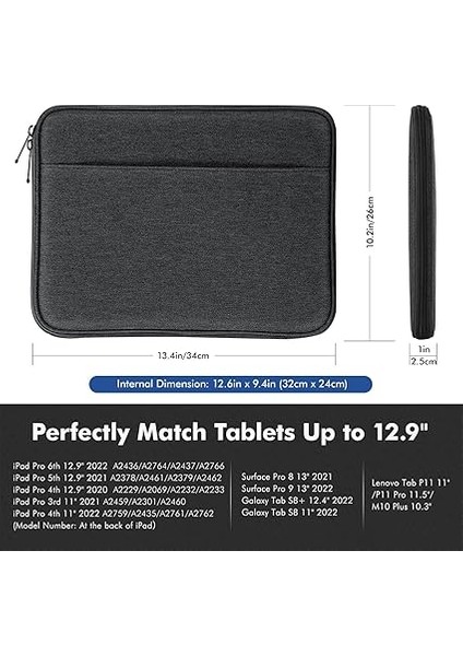 12.9 Inch Tablet Sleeve Bag, Protective Bag With Two Compartments Fits 13 Inch New iPad Pro M4 &amp; Air M2 2024, iPad Pro 12.9 Inch, Surface Laptop Go 12.4, Galaxy Tab S8+/s9+ 12.4, Black &amp; Gray fiyatları