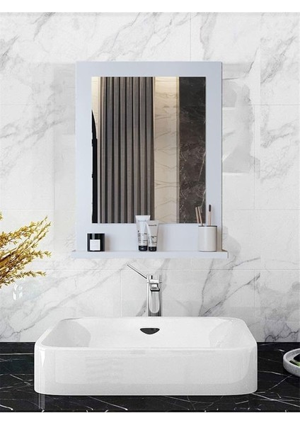 Stil 60X45 Beyaz Raflı Banyo Aynası