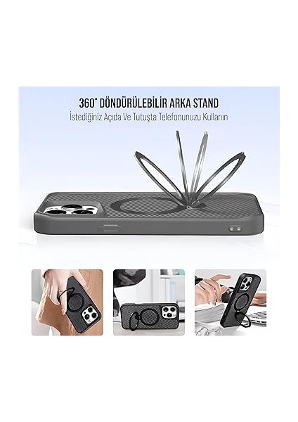 iPhone Karbon Fiber Materyal Stand Özellikli Lens Çerçeveli ve Sararmayan Güçlü Darbe Emici Premium Kılıf (Gümüş, iPhone 14 Pro Max) indirimleri