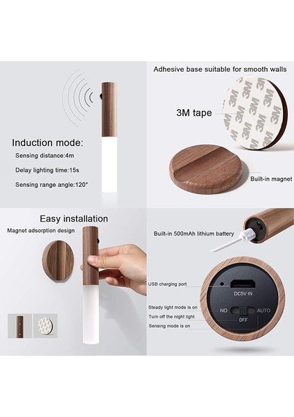 Pille Çalışan Duvar Lambası, Hareket Sensörlü, Kablosuz, Pilli, Ahşap Duvar Lambası, Iç LED USB Şarj Edilebilir, Gece Lambası, Mıknatıslı Dolap Aydınlatması, Hareket Sensörü, Merdiven Lambası, modelleri