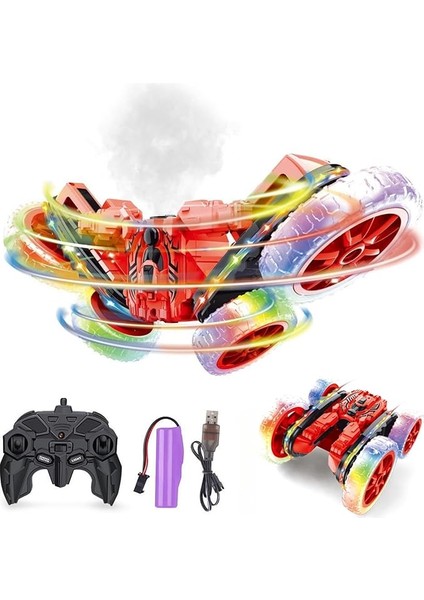 Ghz Uzaktan Kumandalı Full Fonksiyon Şarjlı LED Işıklı 4x4 Buhar Duman Atan Akrobat Araba (Kırmızı)