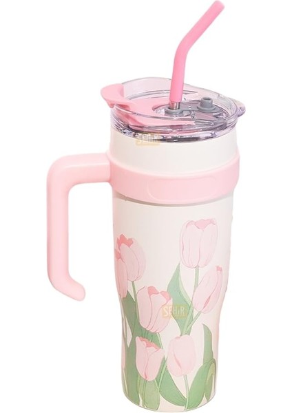 Diller 1200ML Pembe Lale Desenli Tumbler Pipetli/pipetsiz Kulplu Paslanmaz Çelik Termos