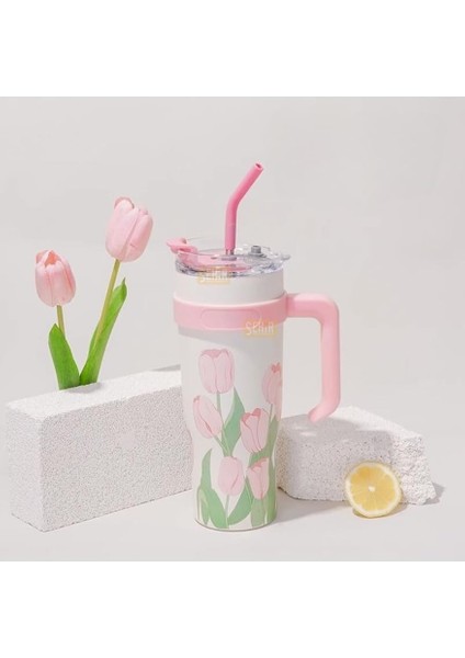 Diller 1200ML Pembe Lale Desenli Tumbler Pipetli/pipetsiz Kulplu Paslanmaz Çelik Termos fiyatları