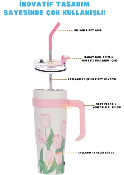 Diller 1200ML Pembe Lale Desenli Tumbler Pipetli/pipetsiz Kulplu Paslanmaz Çelik Termos fırsatları