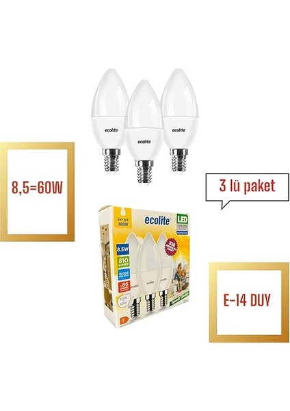 8.5W LED Mum Ampul – E14 Duy, 810 Lümen, 3000K Sarı Işık, 60W Eşdeğer, 3’lü Paket, Opal Dekoratif Ampul, Dimmer Uyumlu Değil,%86 Enerji Tasarrufu, 99X37 mm (Sarı) fiyatları