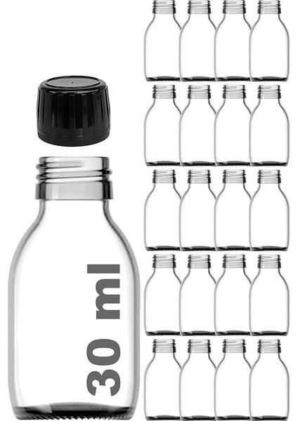 ml Sızdırmaz Kapaklı Şeffaf Shot Şişesi 30 cc Ginger Şat Beyaz Cam Şişe 20 Adet (Kilitli Plastik Siyah Kapak)