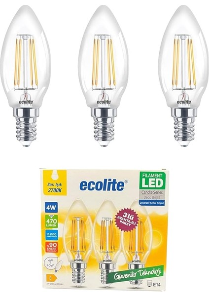 4W LED Filament Mum Ampul, E14 Duy, 2700K Sarı Işık, 470 Lümen, Şeffaf Cam, Akkor Görünümlü Dekoratif Lamba, 3'lü Paket