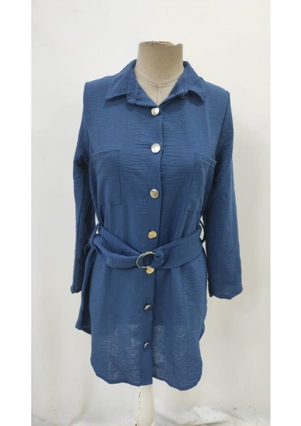 Kadın Uzun Kollu Yakalı Önden Düğmeli Beli Kuşaklı Mini Ithal Keten Elbise