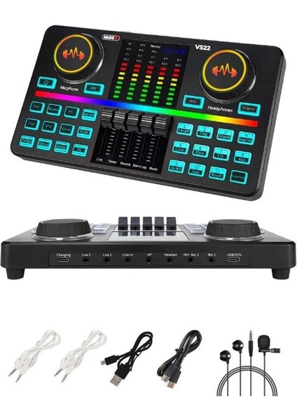 VS22 Üst Seviye Stüdyo Kayıt Canlı Yayın Şarjlı Ses Kartı Efektli Radyo Mikseri (Telefon ve Pc Podcast)