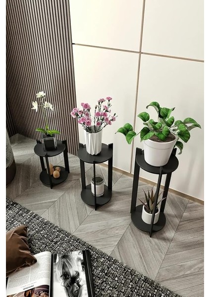 Çiçeklik Saksılık – Yuvarlak Tasarımlı, Safir Siyah Renkli, Farklı Yüksekliklerde Ahşap Bitki Standı, Salon Balkon ve Ofis Kullanımı Için Dekoratif Saksı Sehpası Seti