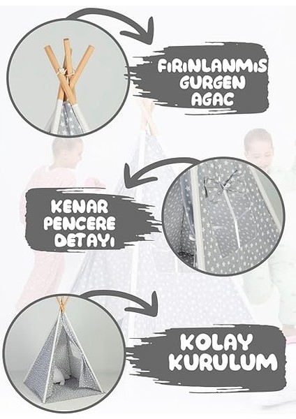 Lemoon Çocuk Kızılderili Ahşap Direkli Geniş Oyun Çadırı ve Minderli Ev &amp; Bahçe Oyun Alanı Minderli Çocuk Araç Gereçleri (Gri) modelleri