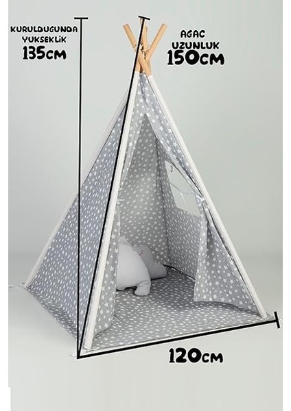 Lemoon Çocuk Kızılderili Ahşap Direkli Geniş Oyun Çadırı ve Minderli Ev &amp; Bahçe Oyun Alanı Minderli Çocuk Araç Gereçleri (Gri) indirimleri