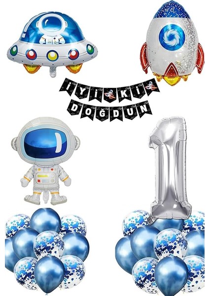 Gitti Uzay Konsepti 1 Yaş Doğum Günü Parti Kutlama Seti; Astronot, Ufo ve Uzay Gemisi Folyo Balon Set