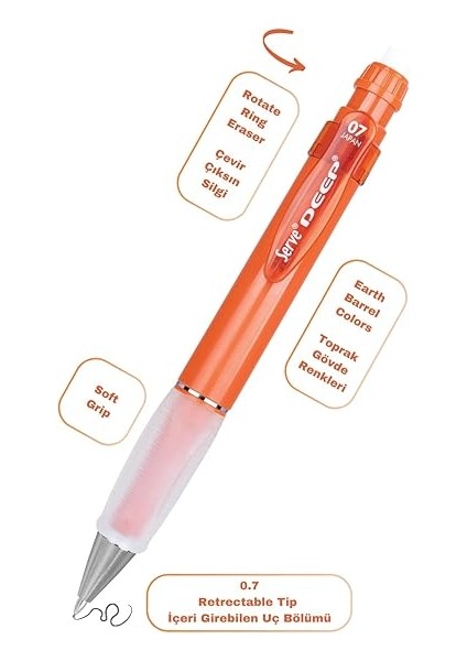 Deep Versatil Kalem 07MM- Toprak Tonları - Yedekli Set (Grip ve Silgi) Kiremit modelleri