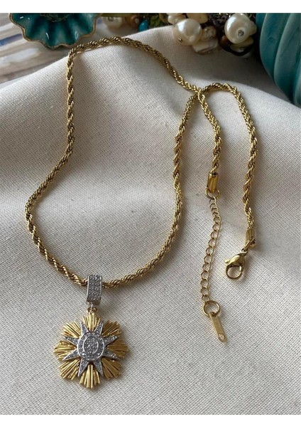 Kararmaz Paslanmaz Altın Kaplama Burgu Zincirli Güneş Modeli Çelik Kolye