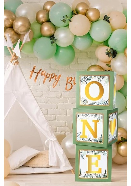 Gitti One Yazılı Kutu ve Balon Seti - 1 Yaş Doğum Günü Kutlama (Adaçayı)