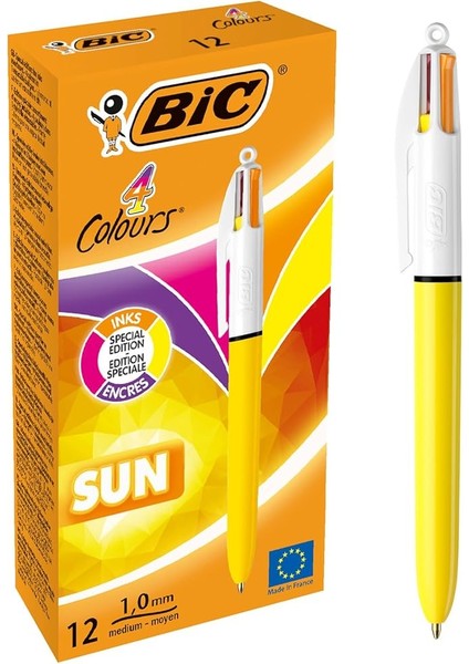 4 Colours Sun Tükenmez Kalem, 12'li Kutu, 1.0mm Uç, Tek Kalemde Sarı, Mor, Turuncu ve Pembe Renkler