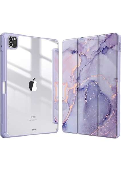 iPad Pro 11 Inç (2022/2021/2020/2018, 4./3./2. Nesil) ile Uyumlu Hibrit Kılıf - Kalem Tutuculu Ultra Ince, Darbeye Dayanıklı Şeffaf Kapak, Otomatik Uyandırma/uyuma, Lila Mermer