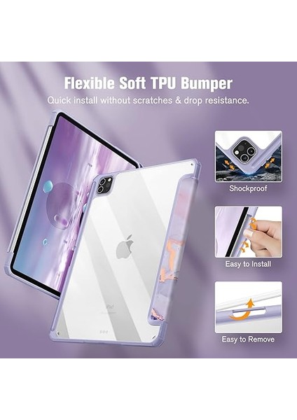 iPad Pro 11 Inç (2022/2021/2020/2018, 4./3./2. Nesil) ile Uyumlu Hibrit Kılıf - Kalem Tutuculu Ultra Ince, Darbeye Dayanıklı Şeffaf Kapak, Otomatik Uyandırma/uyuma, Lila Mermer indirimleri