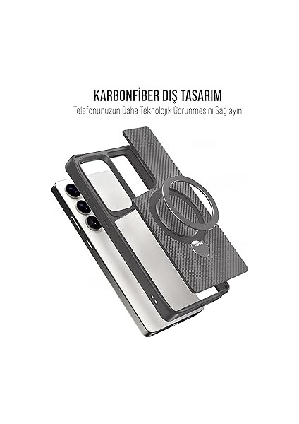 Samsung Karbon Fiber Materyal Stand Özellikli Lens Çerçeveli ve Sararmayan Güçlü Darbe Emici Premium Kılıf (Gümüş Rengi, Galaxy S25 Ultra) fiyatları