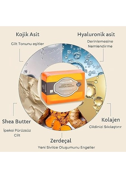 Kojik Asit &amp; Zerdeçal Sabunu 140 gr Leke ve Sivilce Karşıtı Kojic Acid - Kolajen - Aha Bha - C Vitamini - Hyaluronic Acid - Shea Butter Yağı Içerikli Aydınlatıcı Sabun fırsatları