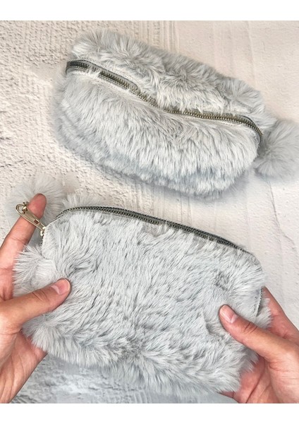 Ponponlu Peluş Açık Gri Kalem Kutu Kalemlik Toparlayıcı Çanta