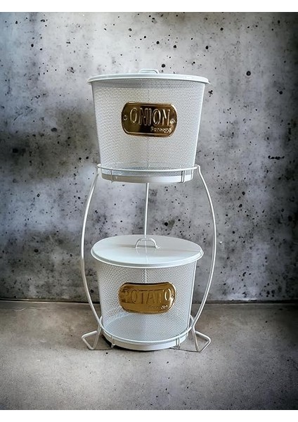 2 Katlı File Çelikten Üretilmiş Standlı Patates Soğan Kovaları, 2'li Metal Patates Soğanlık (Beyaz) fiyatları