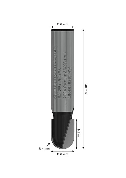 2 608 628 Aksesuarı 367 Oyuklu Freze Ç 8 Mm, R1 4 Mm, Ç 8 Mm, U 9,5 Mm, G 40 mm modelleri
