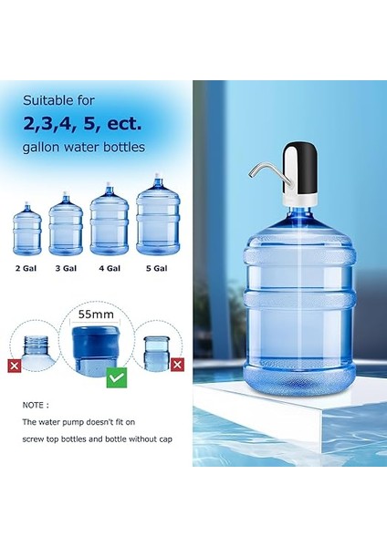 Taşınabilir Su Şişesi Pompası, 5 Galon Evrensel Şişe Elektrikli Su Sebili, Anahtarlı ve USB Şarjlı, Kamp, Mutfak, Atölye, Garaj (Siyah) fiyatları