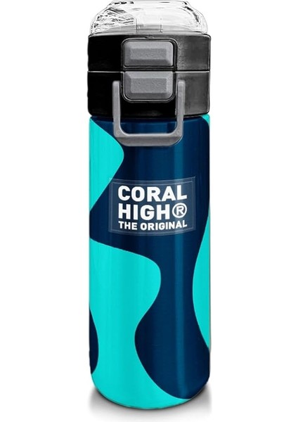 High Erkek Çocuk Için 500 Ml'lik Paslanmaz Çelik Termos/suluk - Lacivert Turkuaz Desenli