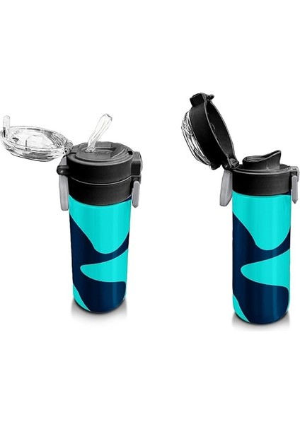 High Erkek Çocuk Için 500 Ml'lik Paslanmaz Çelik Termos/suluk - Lacivert Turkuaz Desenli fırsatları