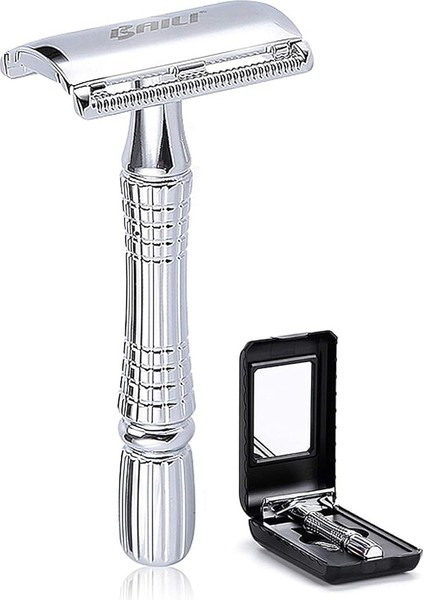 Klasik 3 Parçalı Çift Kenarlı Güvenlik Jilet Islak Tıraş Platin Bıçak ve Aynalı Seyahat Kılıfı BD176 ile Erkekler Kadınlar Için