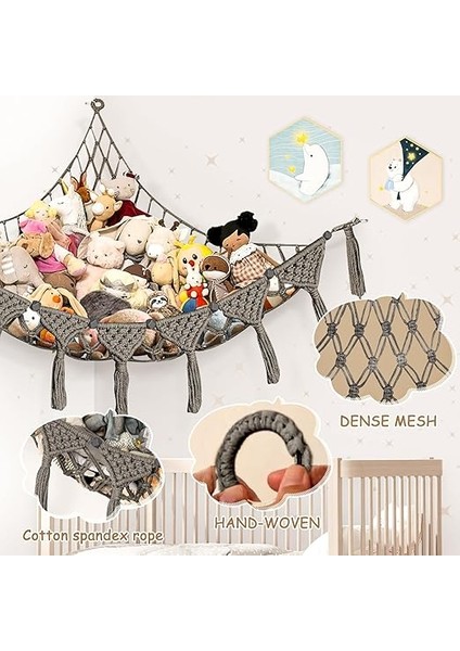 Pelüş Hayvan Saklama Ağı, Boho Makrome Pelüş Hayvan Oyuncak Saklama Askılı Çanta, Saklama, Pelüş Hayvanlar Depolama, Ağ, Oyuncak Saklama, Çocuk Odası, Gri fırsatları