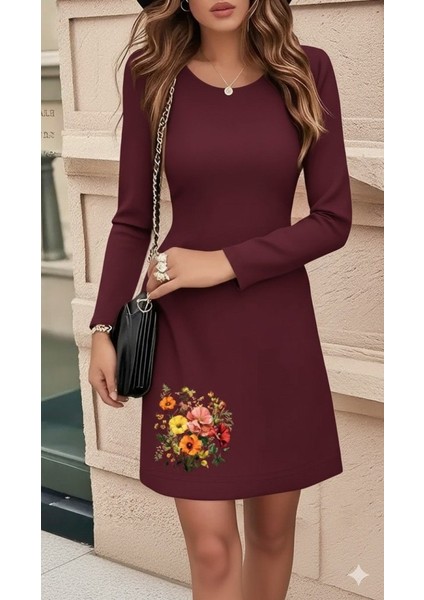 Kadın Uzun Kollu Bisiklet Yaka Çiçek Desenli Mini Dalgıç Elbise fiyatları