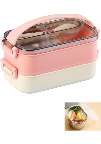 Bento Lunch Box Ofis-Okul Için Yeni Nesil Sefer Tası -Çorba Kaseli Model-Paslanmaz Çelik Pembe