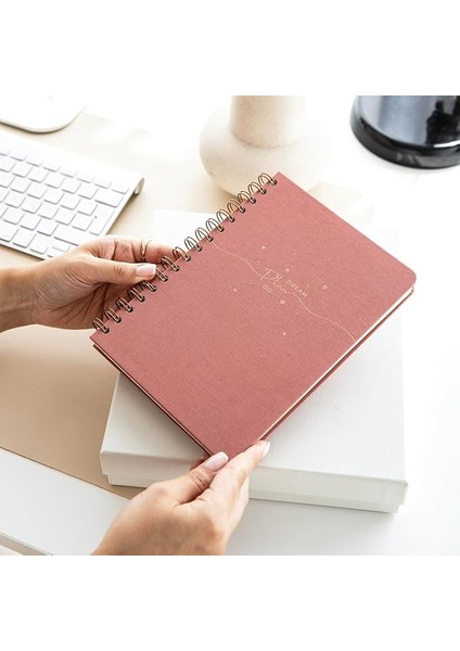 A5 Spiralli Sert Kapak Keten Düz Çizgisiz Tarihsiz Not Defteri Pembe