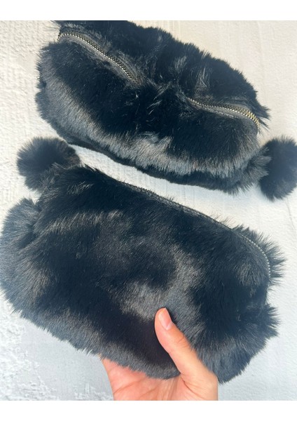 Ponponlu Peluş Siyah Kalem Kutu / Kalemlik / Toparlayıcı /çanta