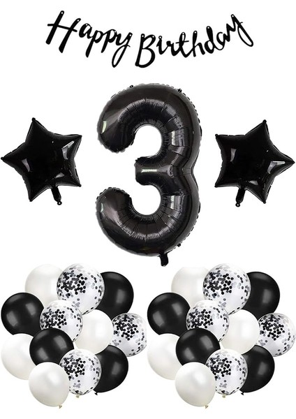 Gitti Siyah Konsept Doğum Günü Kutlama Seti; Beyaz Siyah Konfetili Balon, Rakam Yıldız Folyo ve Banner (3 Yaş)